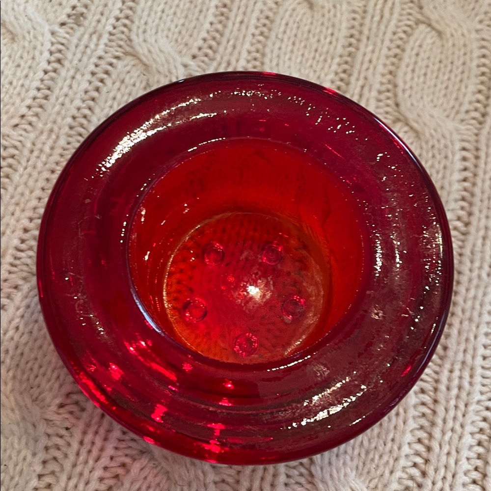 Red Glass Votive/tea light Candle Holder and Pressed glass poinsettia/leaf - Picture 7 of 11